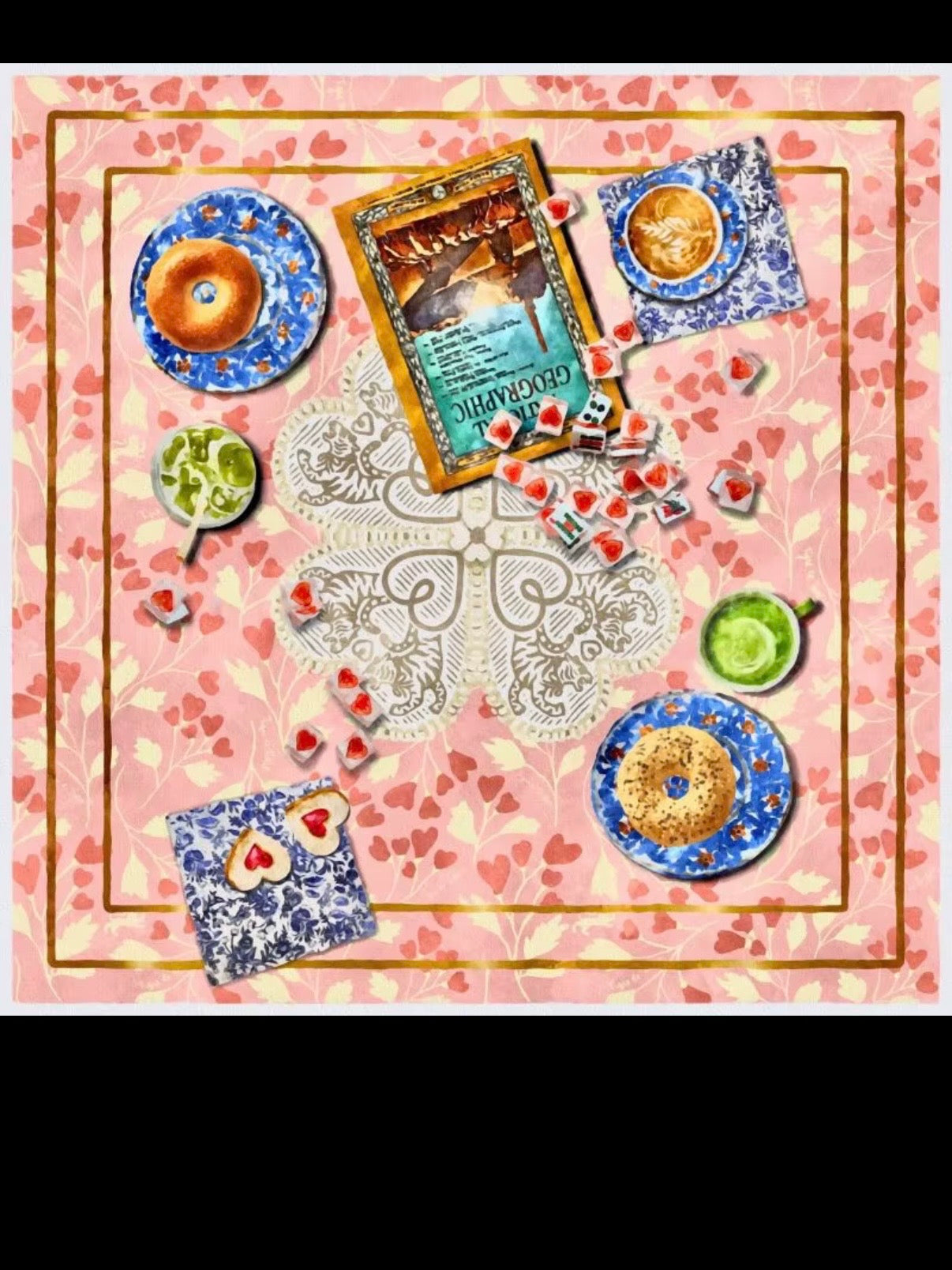 Floral and hearts pattern pink Mahjong mat