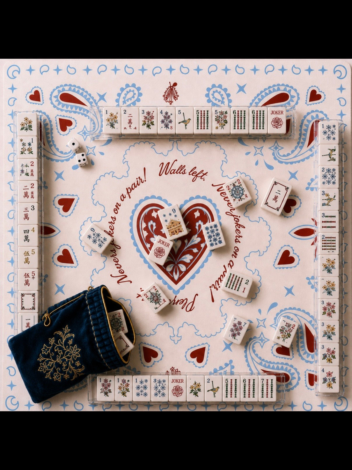 Beige and light blue hearts and bacteria printed Mahjong mat