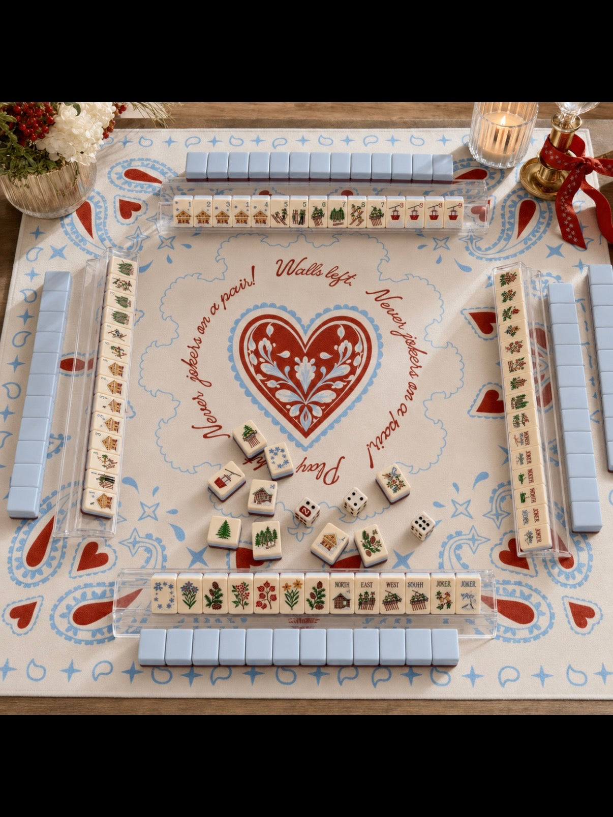 Beige and light blue hearts and bacteria printed Mahjong mat