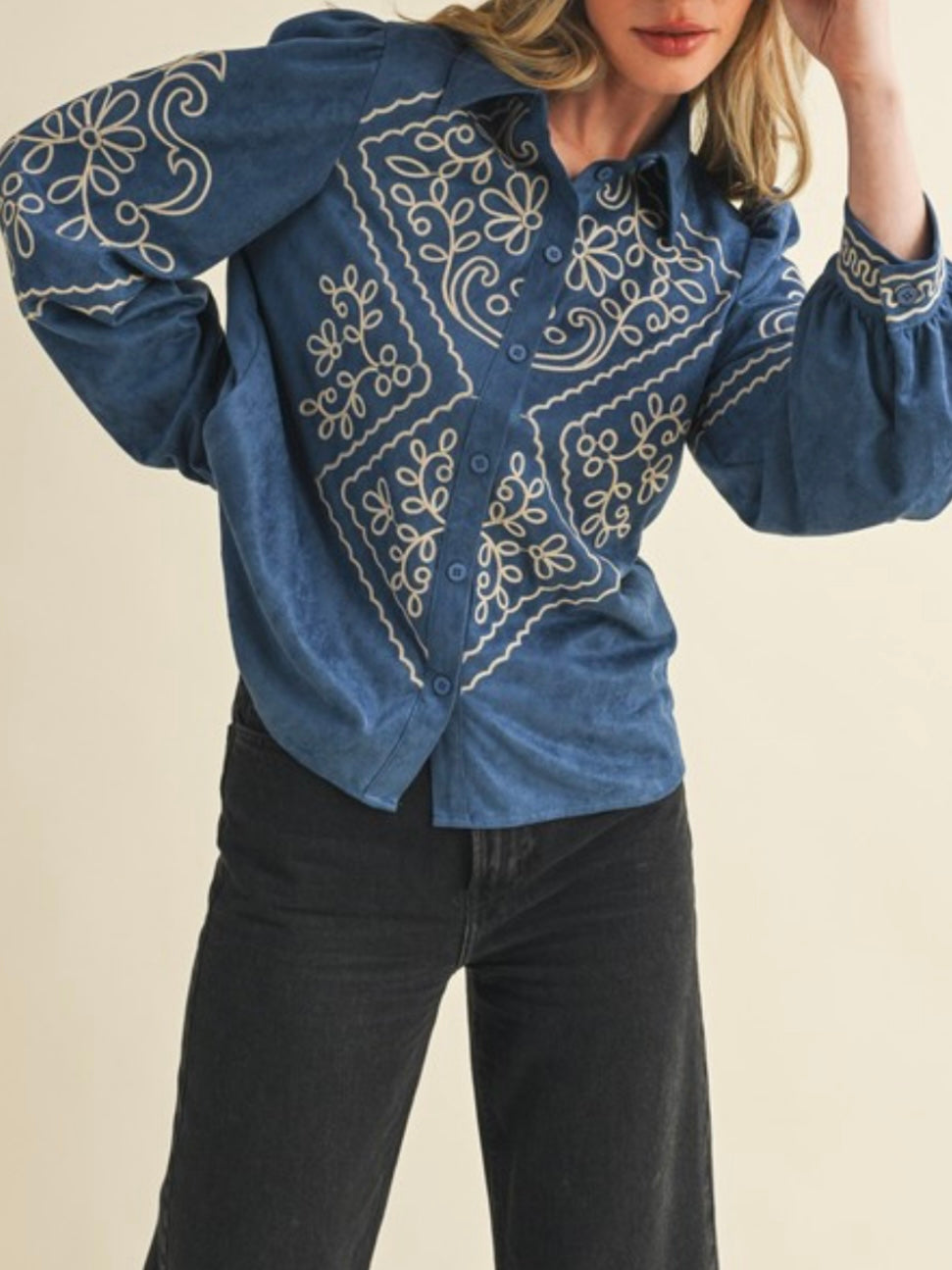 Blue and white embroidered floral shirt