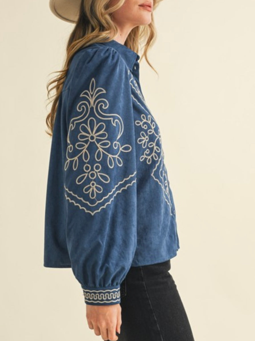 Blue and white embroidered floral shirt