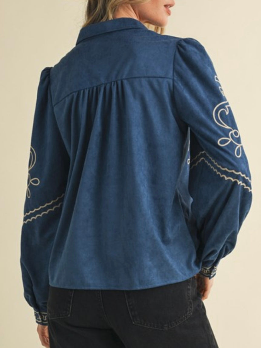 Blue and white embroidered floral shirt