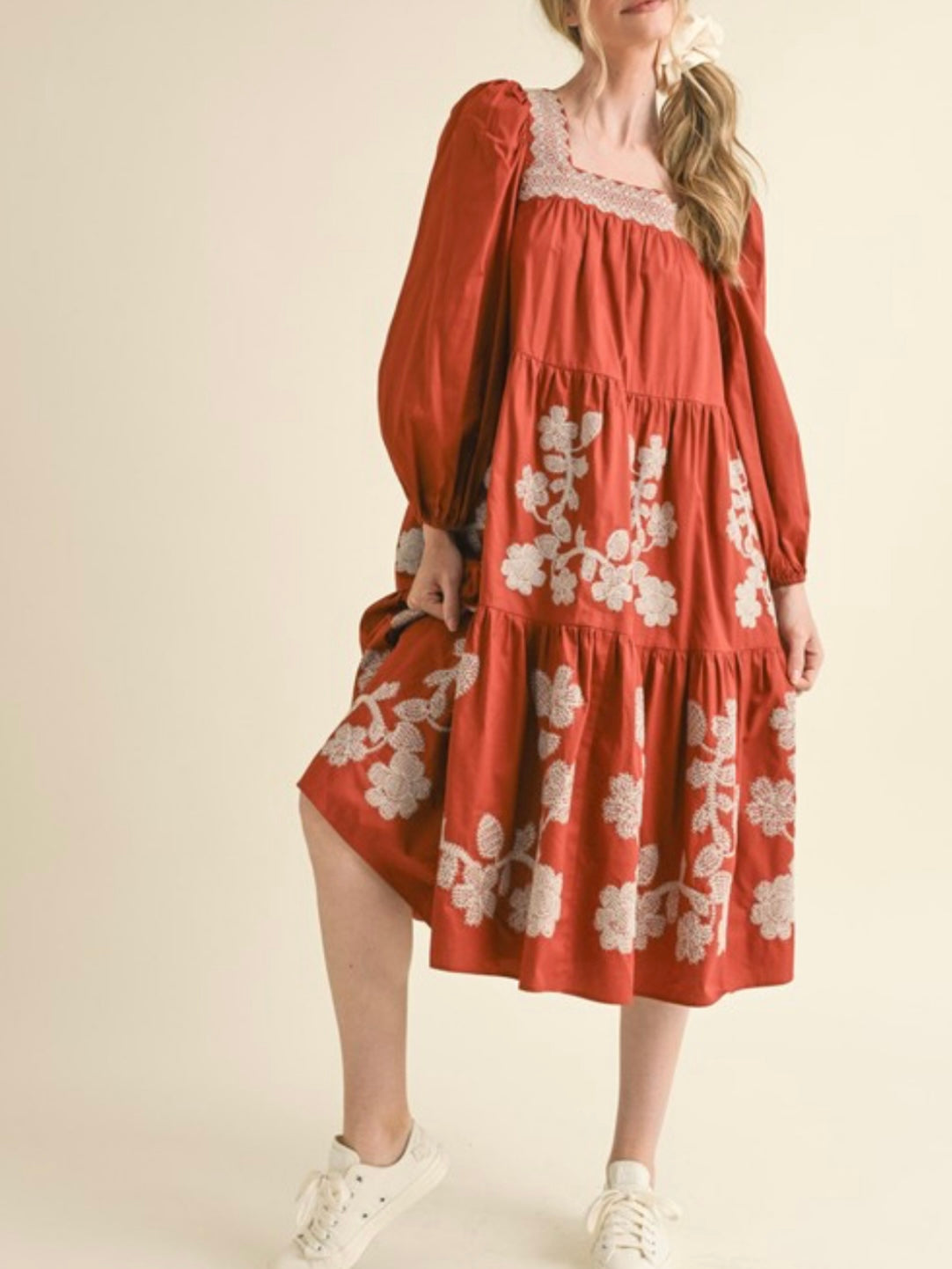 Burgundy and white floral embroidered midi dress