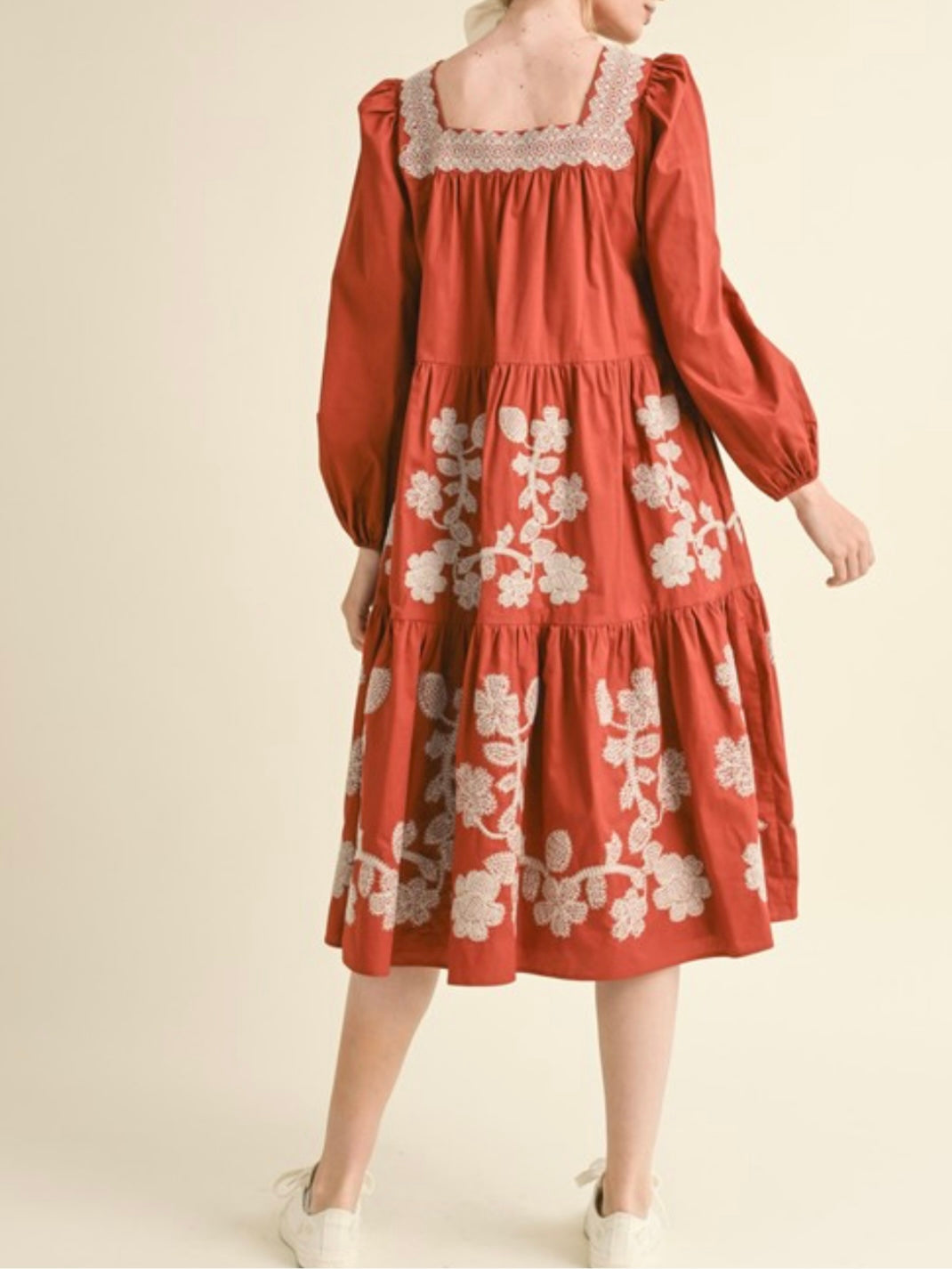 Burgundy and white floral embroidered midi dress