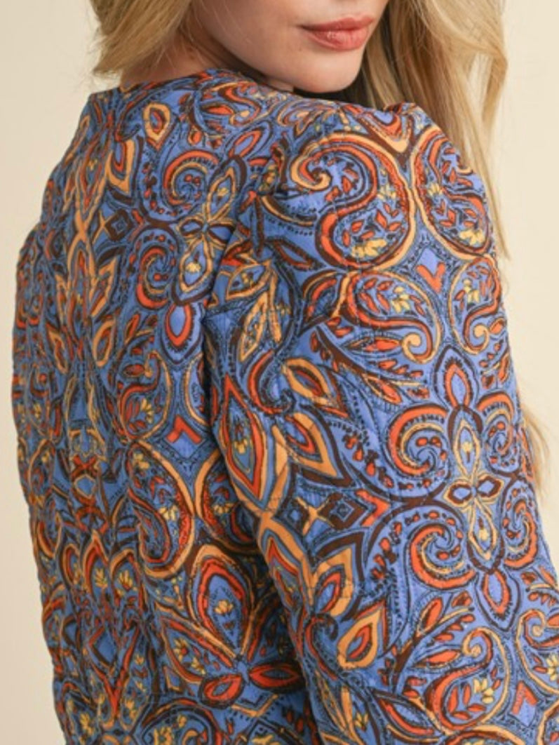 Quilted Print Jacket With Bow Tie Front