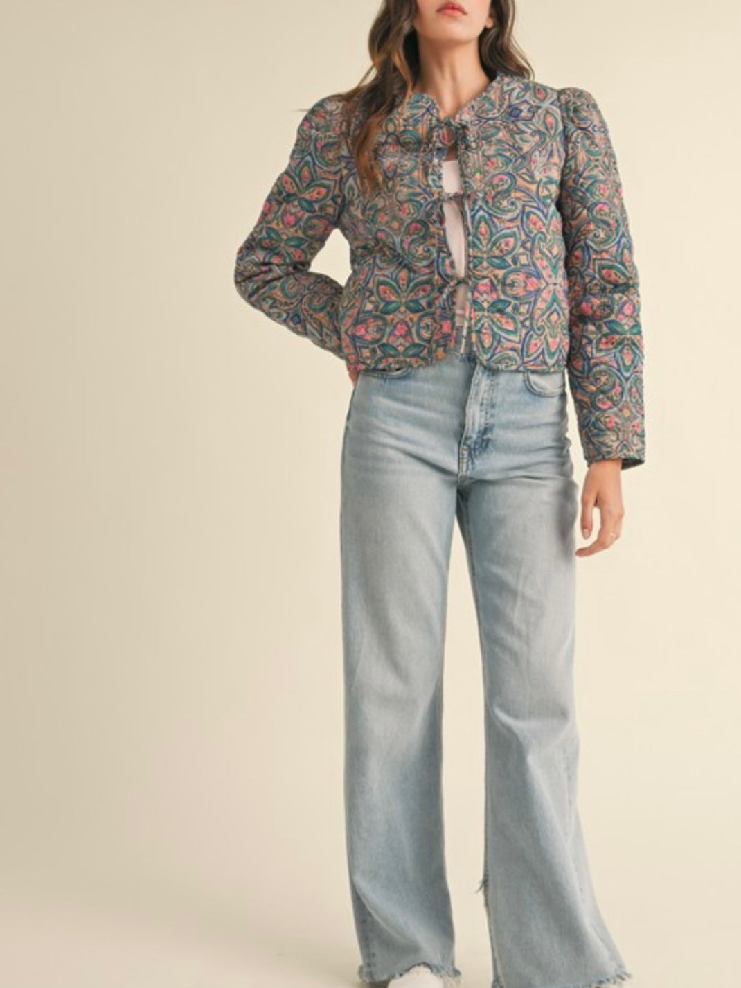 Quilted Print Jacket With Bow Tie Front