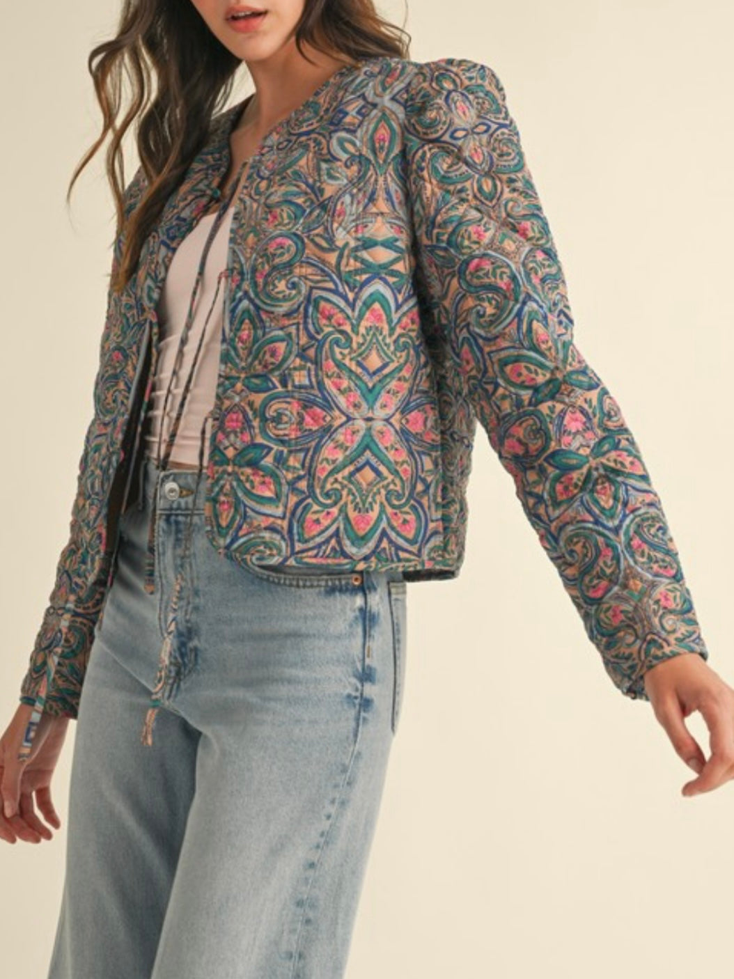 Quilted Print Jacket With Bow Tie Front