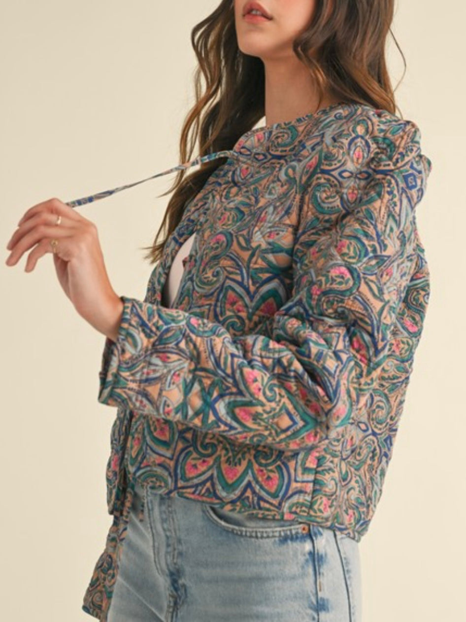 Quilted Print Jacket With Bow Tie Front