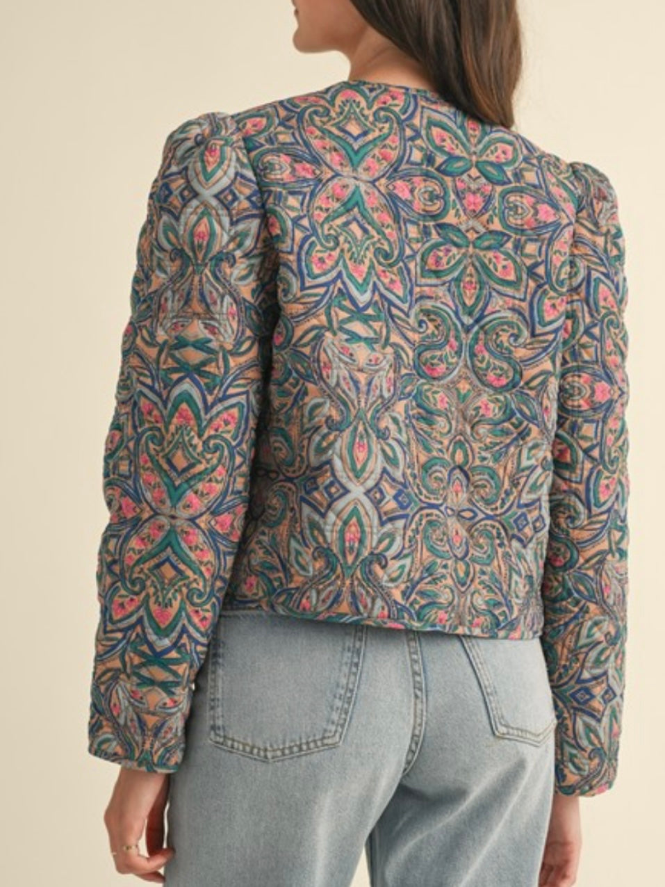 Quilted Print Jacket With Bow Tie Front