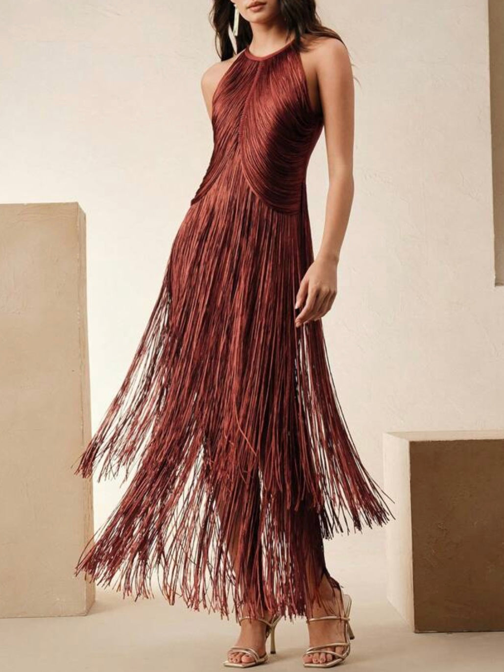 Fringe Luxe Halter Midi Dress – Statement Evening Dress