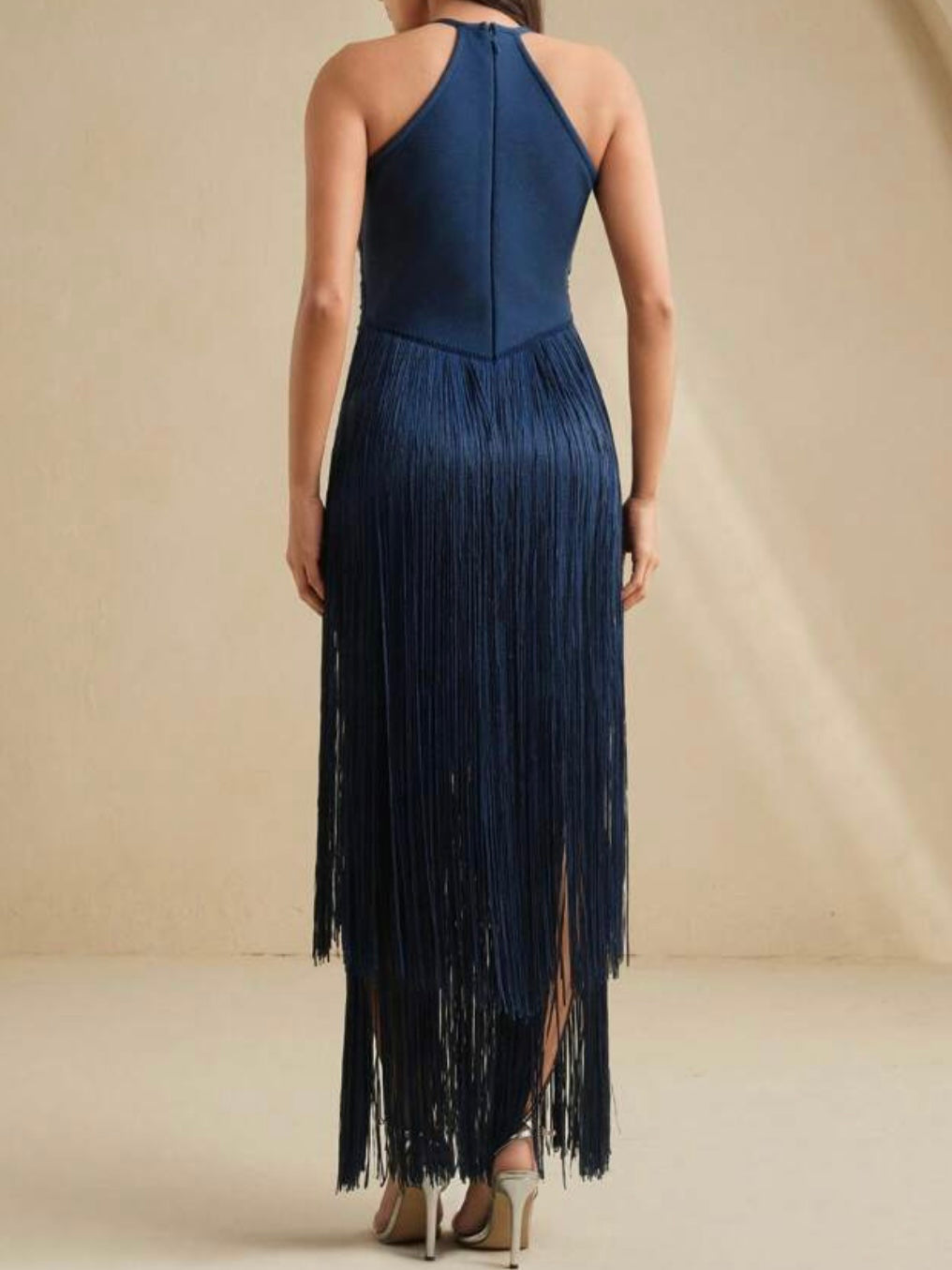 Fringe Luxe Halter Midi Dress – Statement Evening Dress
