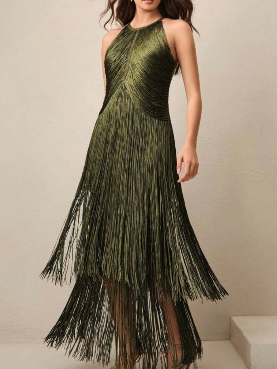 Spaghetti fringes tassels tube midi dress