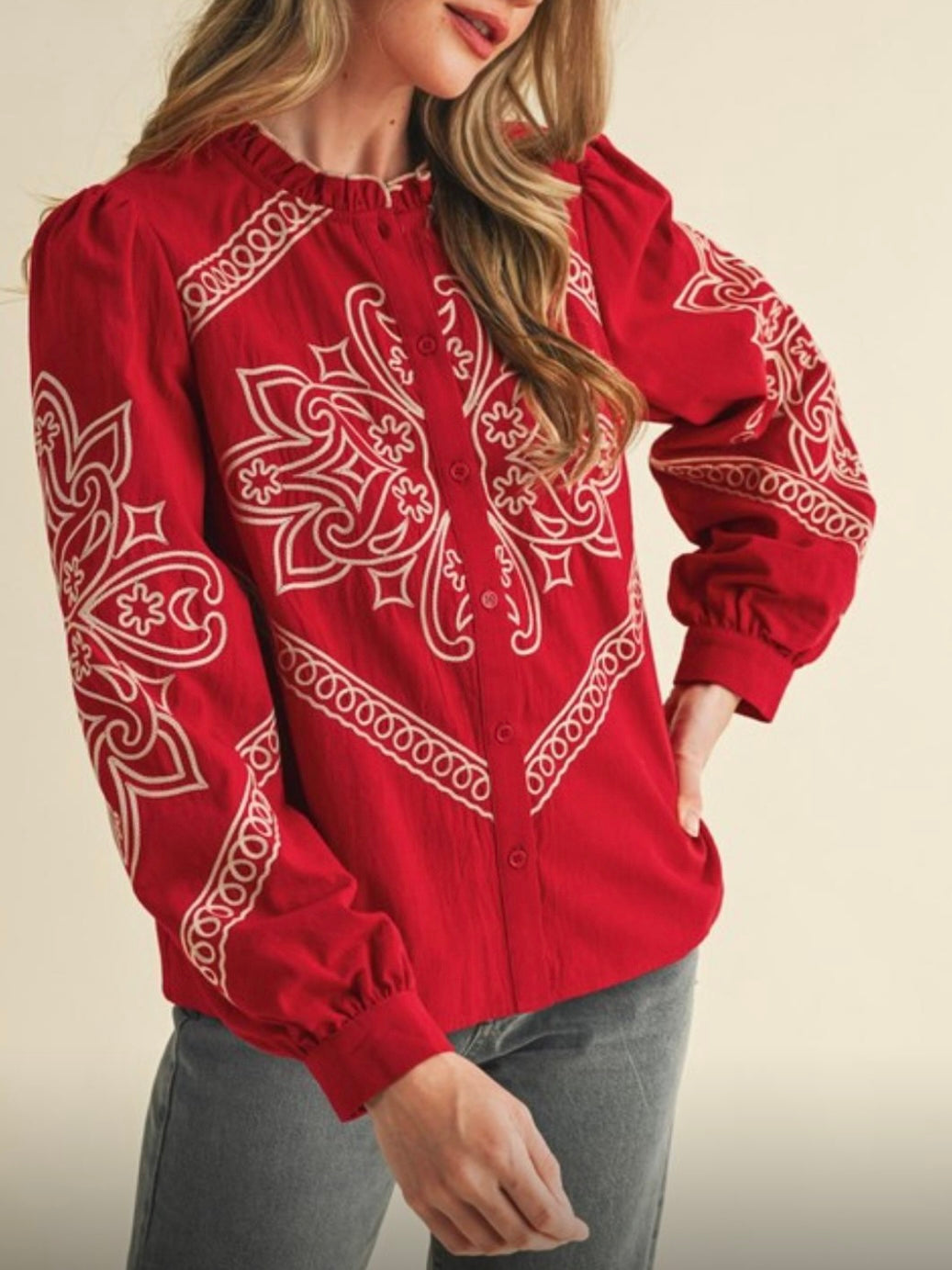 Red and white embroidered floral shirt