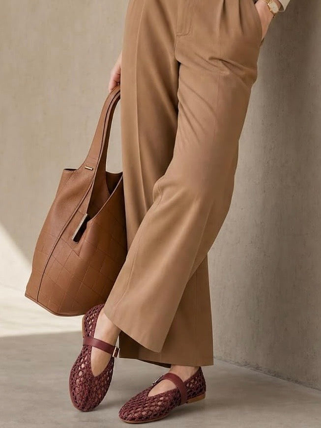 Brown ballet net straw flats shoes