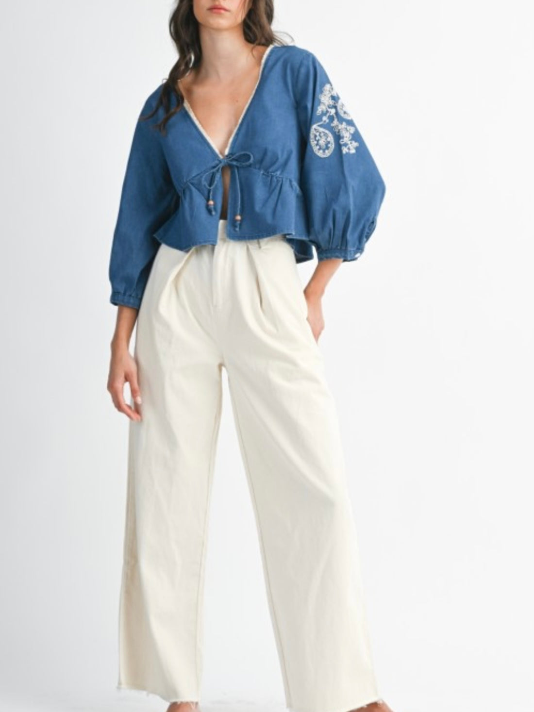 Denim Embroidered Cropped Blouse With Bead Detail