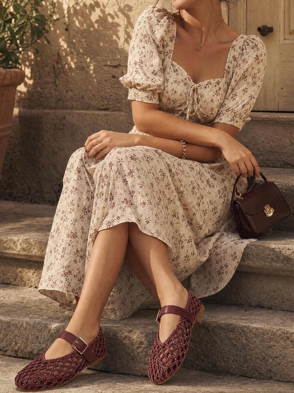 Brown ballet net straw flats shoes