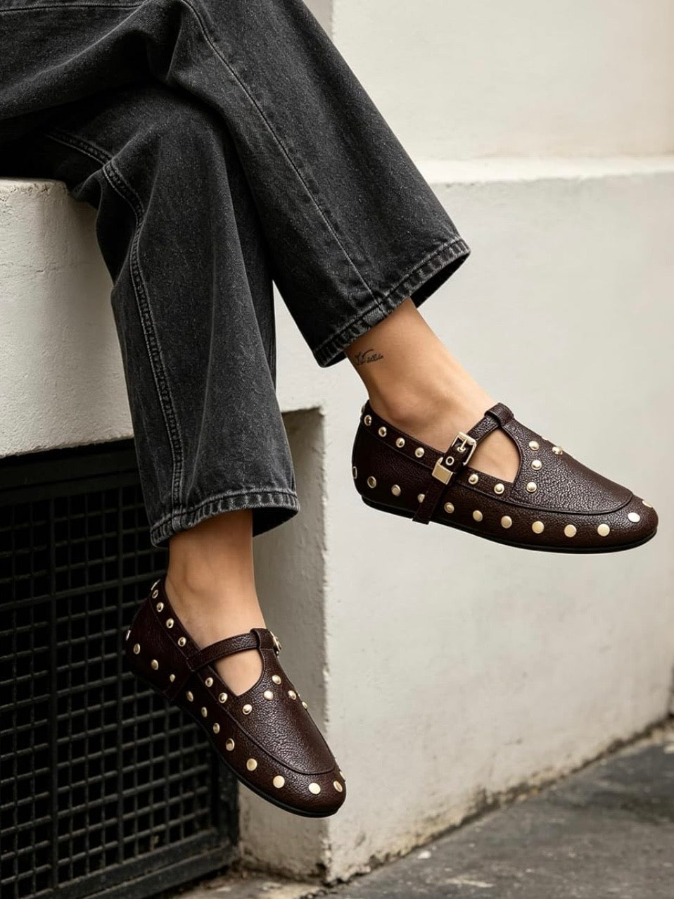Ballet studded buckled flats shoes