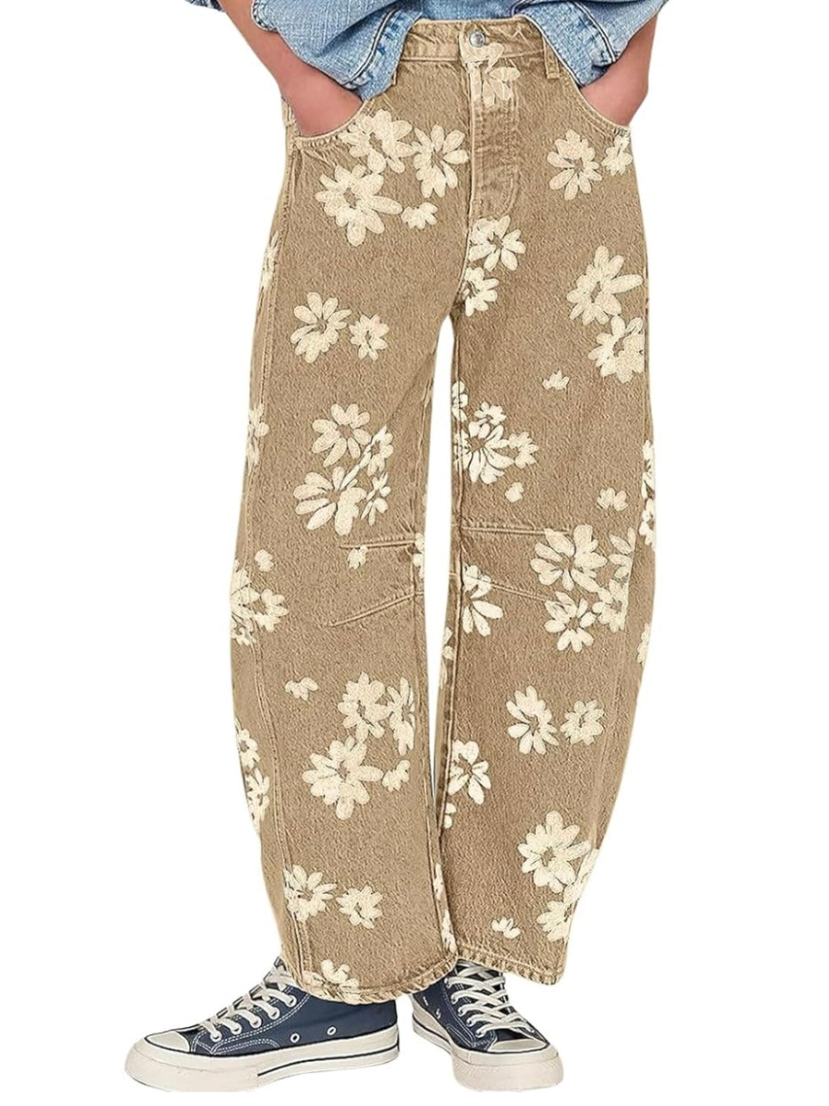 Beige floral print Pattern Barrel Pants