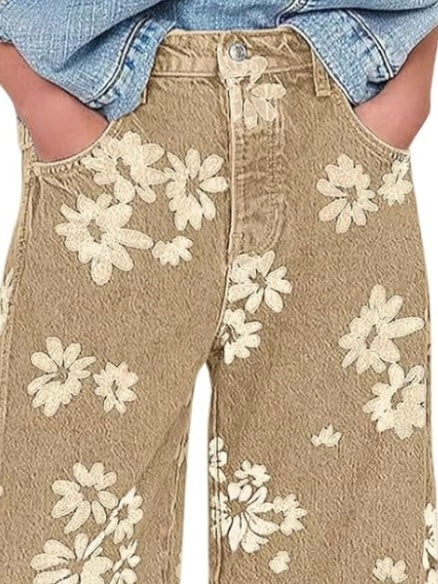 Beige floral print Pattern Barrel Pants