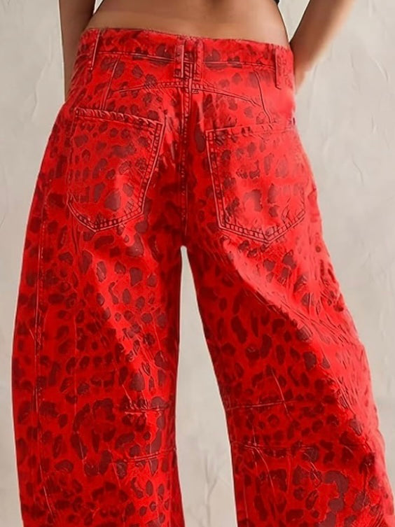 Red leopard print Pattern Barrel Pants