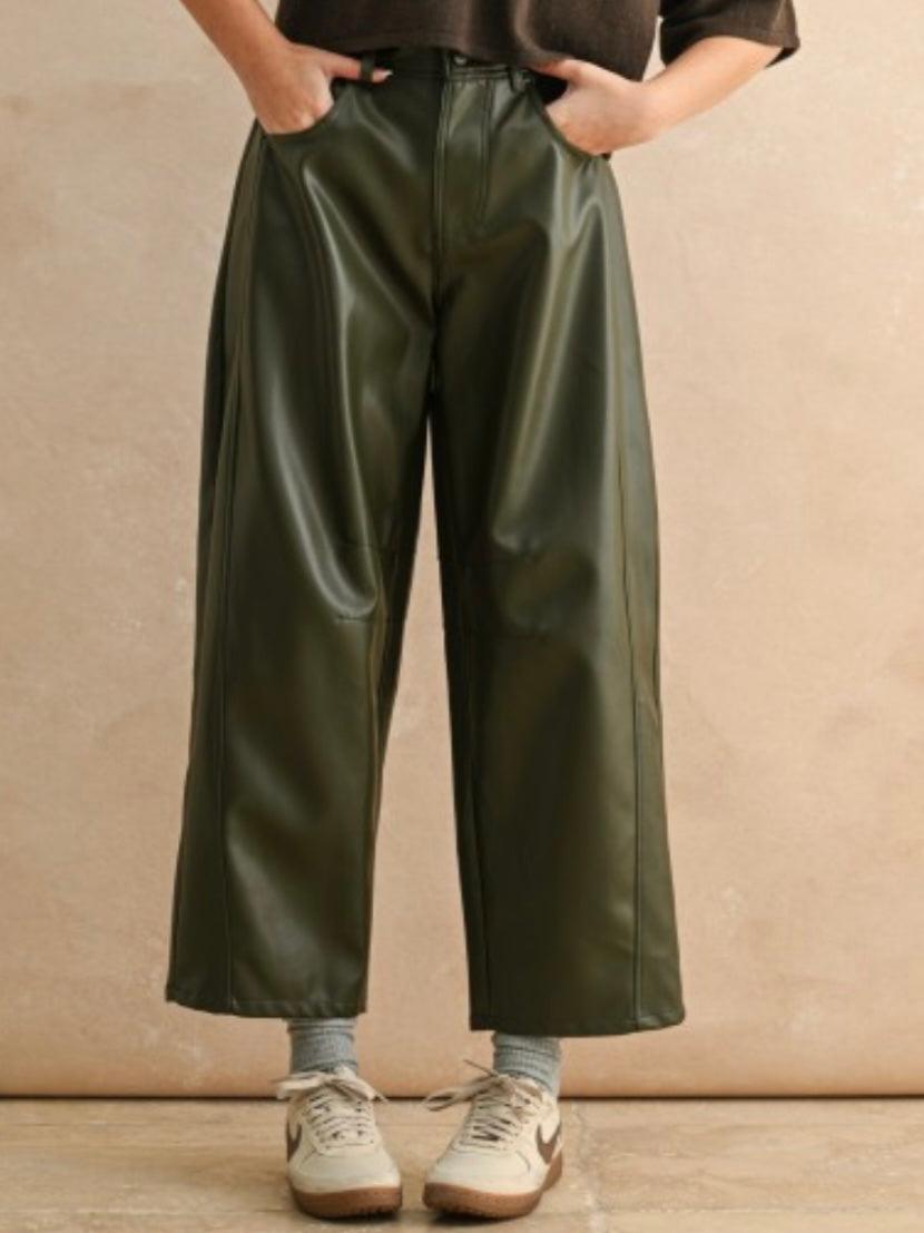 Green olive pleather Barrel Pants