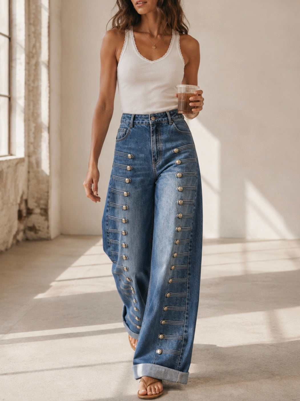Solid colors barrel seams studded details pants