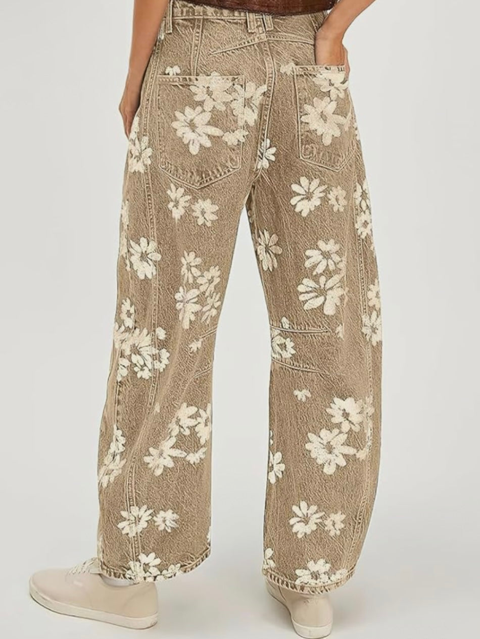 Beige floral print Pattern Barrel Pants