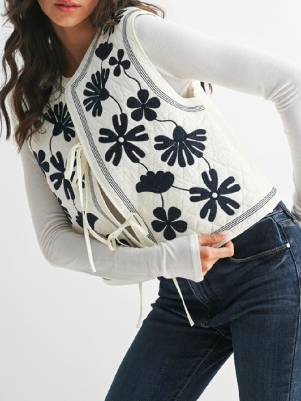 White and blue floral embroidered detail quilted Vest Top