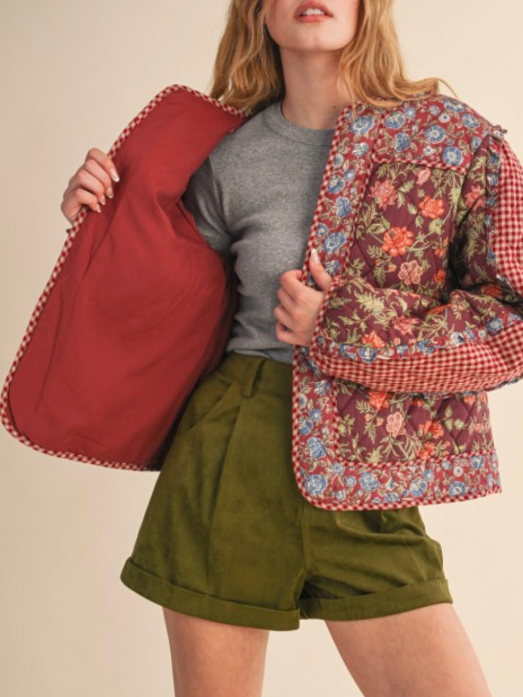 Mixed Print Quilted Jacket With Ruffle Trim