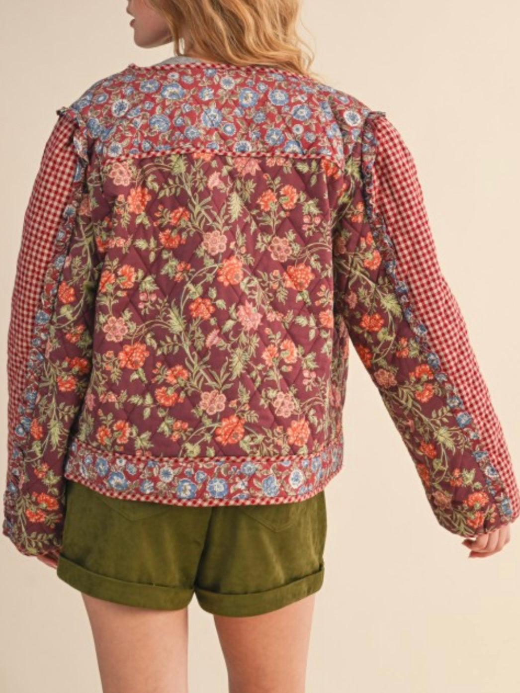Mixed Print Quilted Jacket With Ruffle Trim