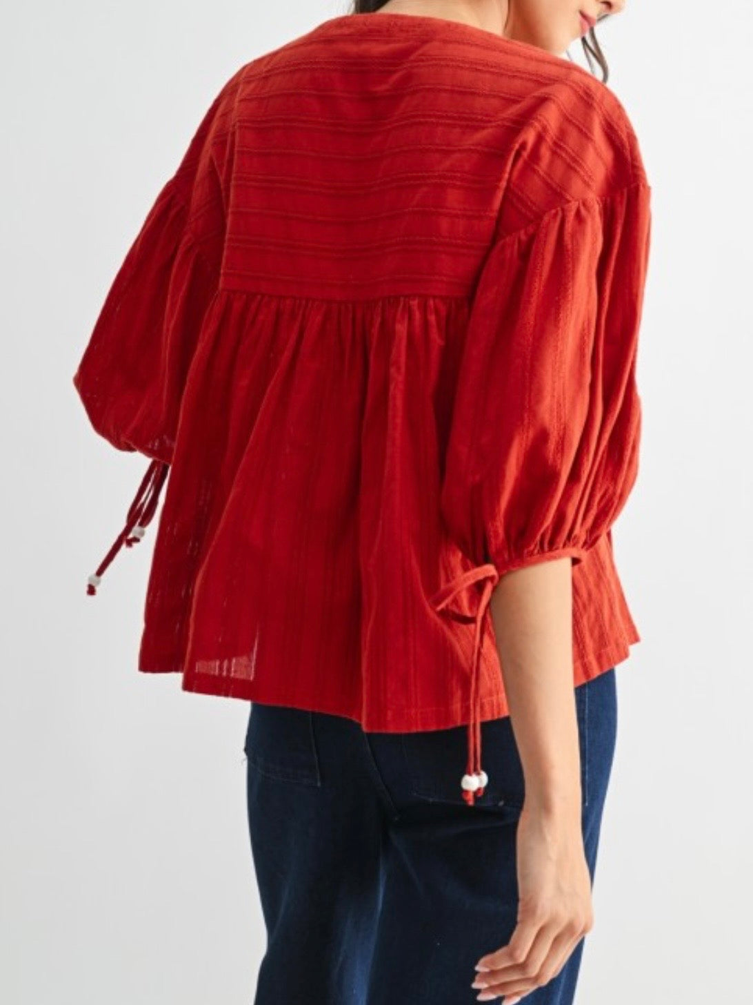 Red floral puff short sleeves blouse top