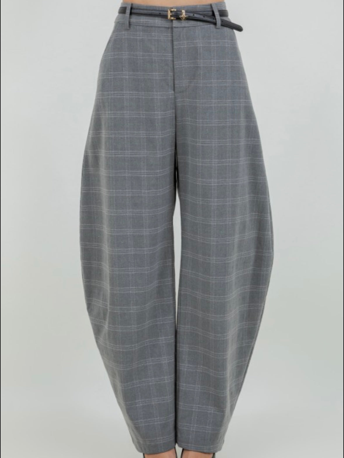 Gray structures woven plaid print barrel fit trousers