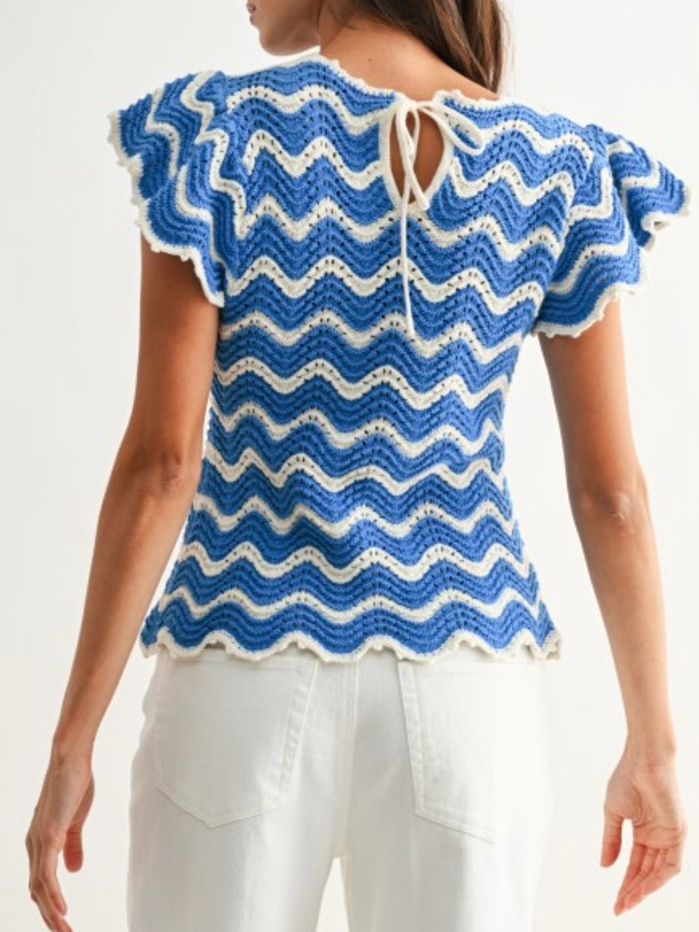 Knitted white and blue striped sleeveless crop top