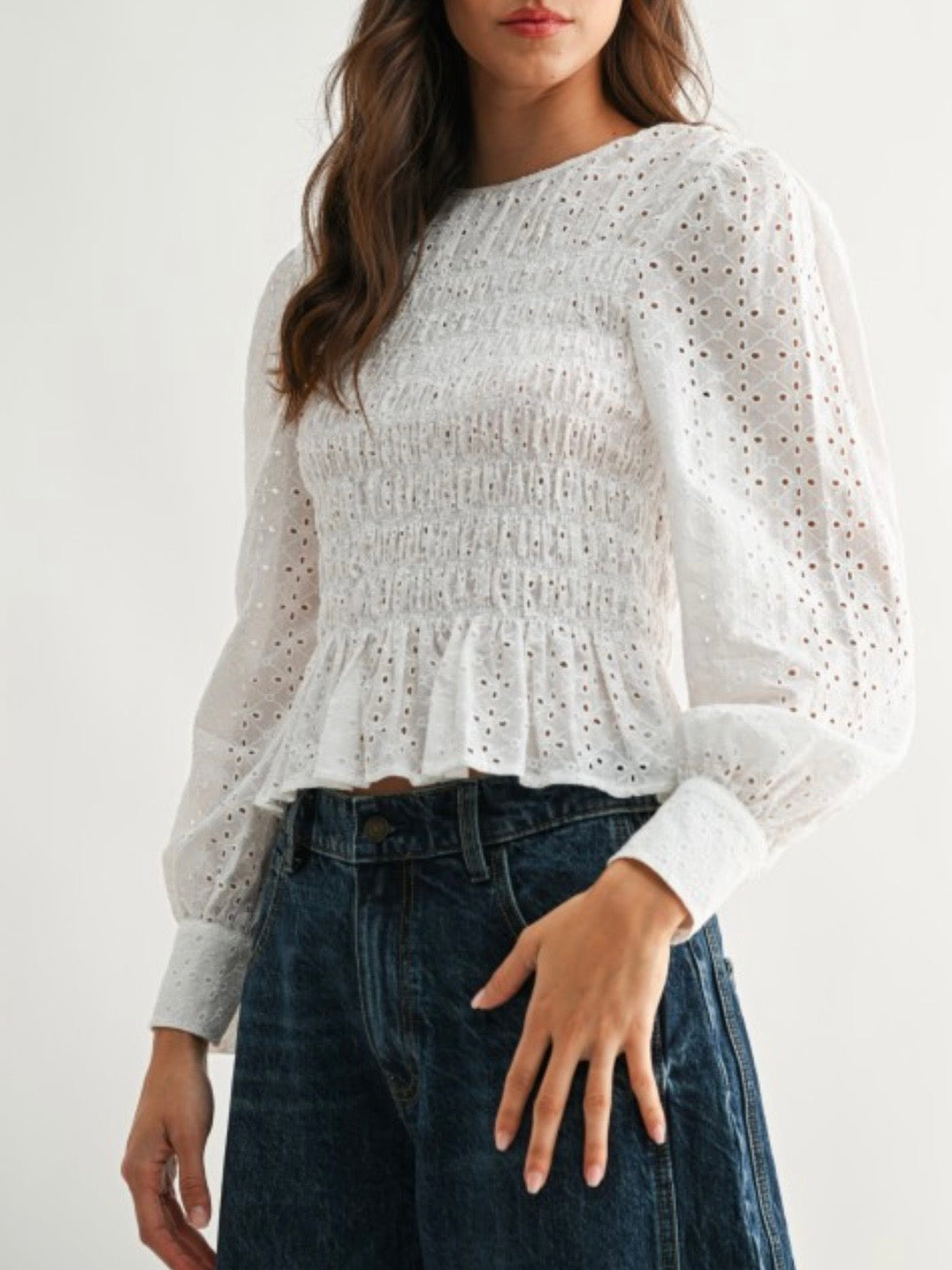 White smocked cutout lace blouse