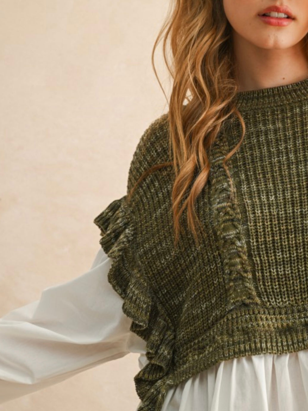 Sweater combo white shirt and dark green pullover two layers embroidered texture top