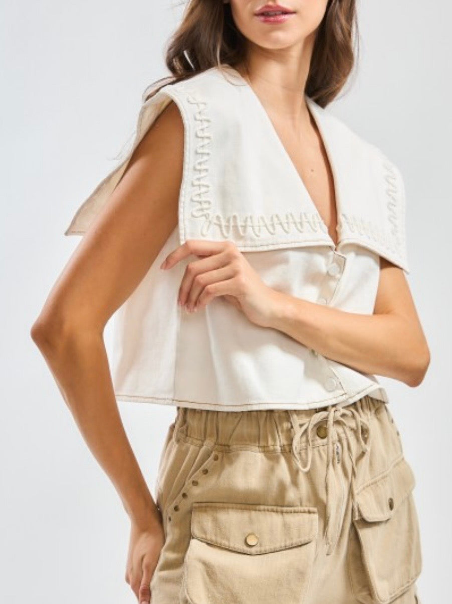 Beige sleeveless big neck crop shirt top