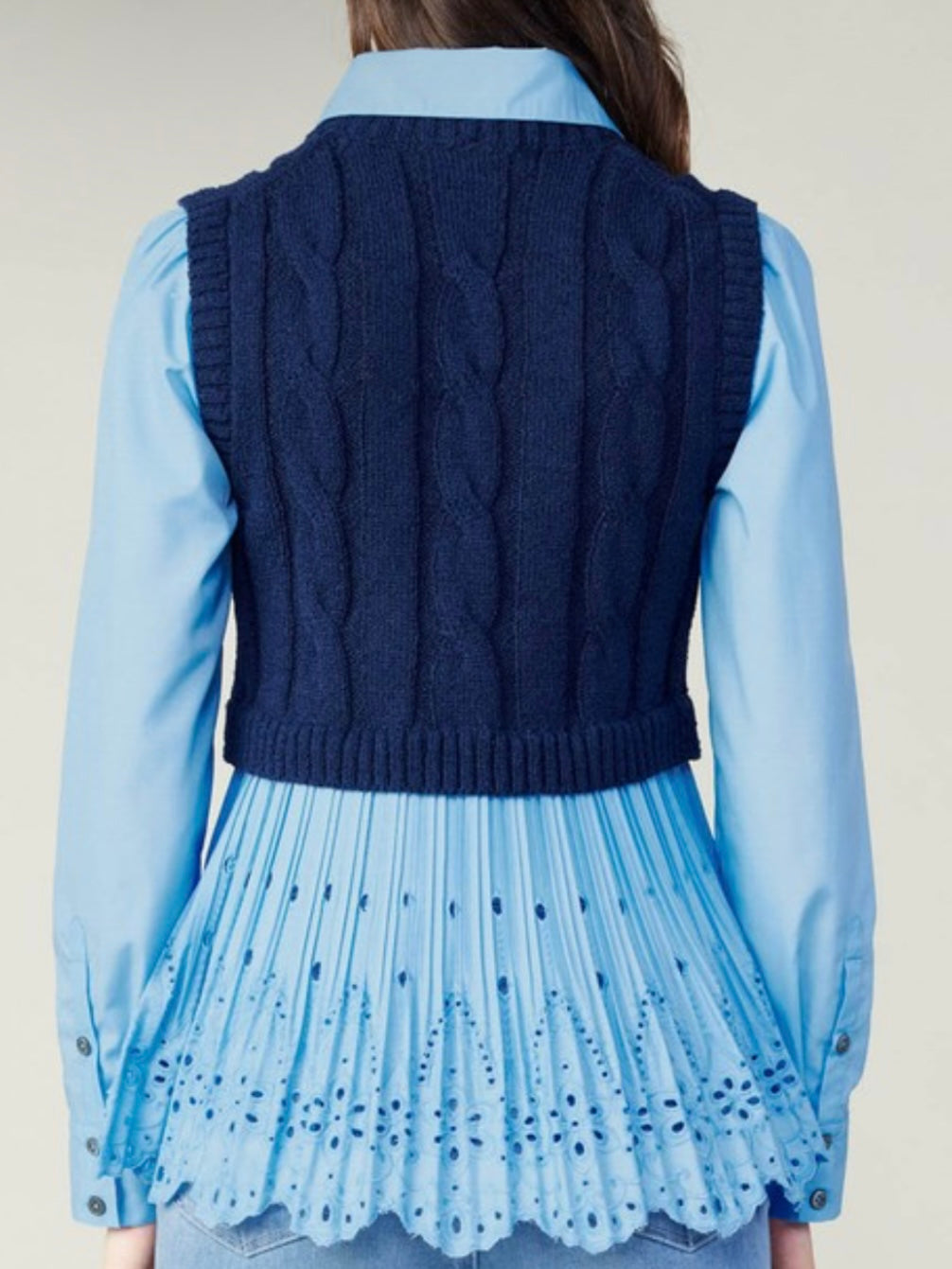 Sweater combo light blue shirt and navy blue pullover two layers embroidered texture top