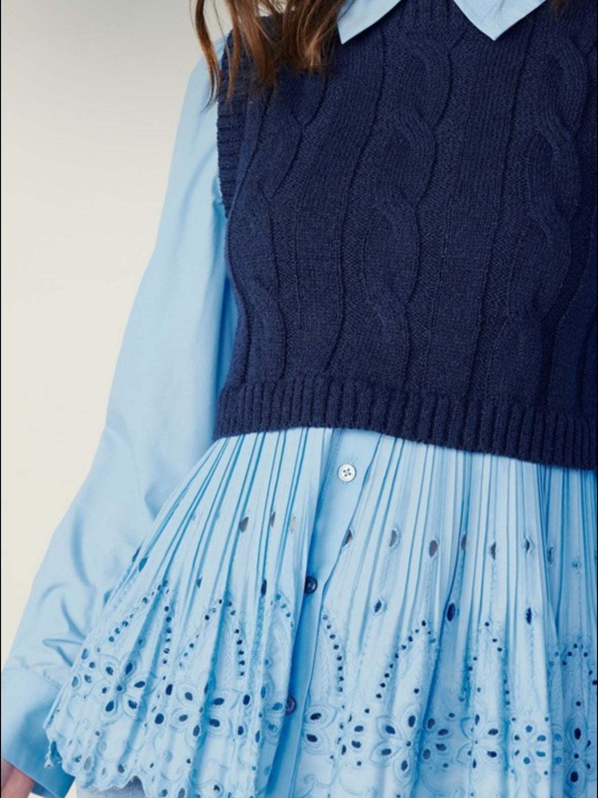 Sweater combo light blue shirt and navy blue pullover two layers embroidered texture top