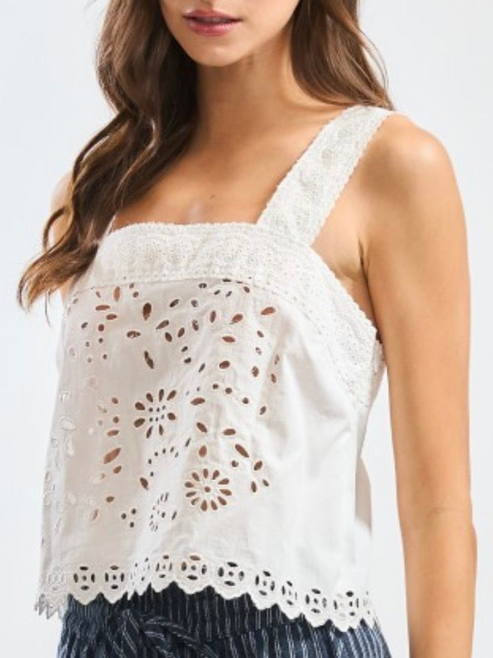 White eyelet lace sleeveless tank top
