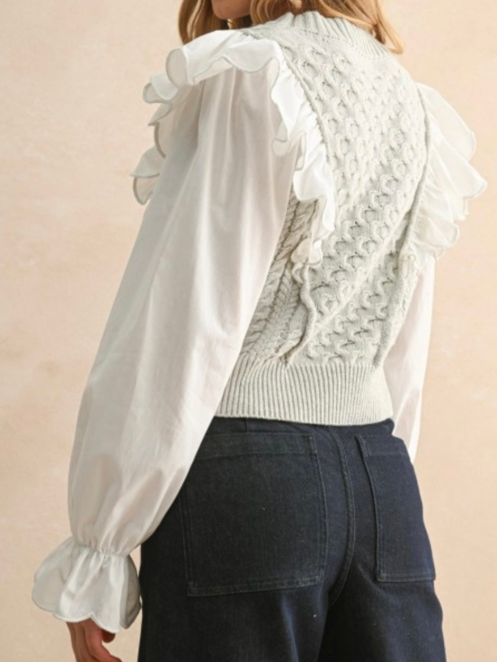 Sweater combo white shirt and light gray pullover two layers embroidered texture top