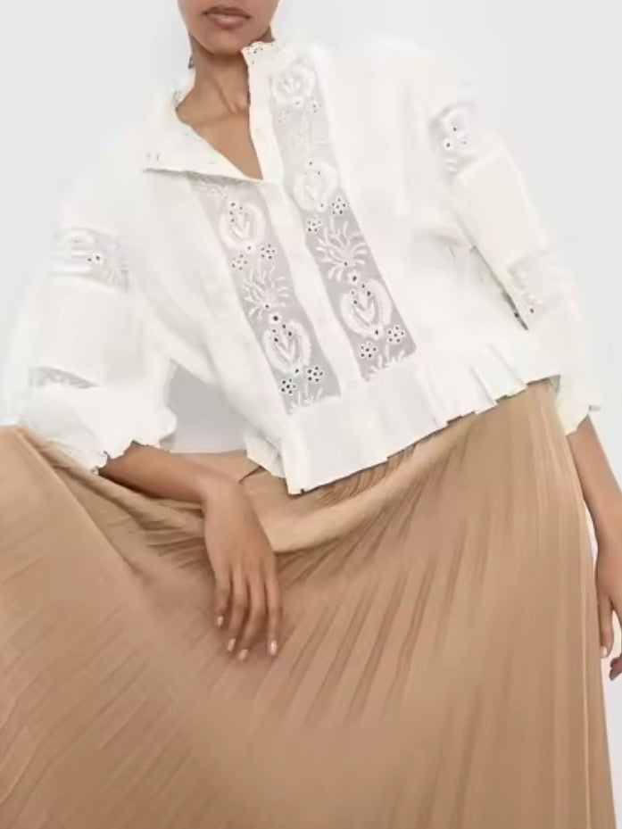 White embroidered floral bomber long sleeves shirt