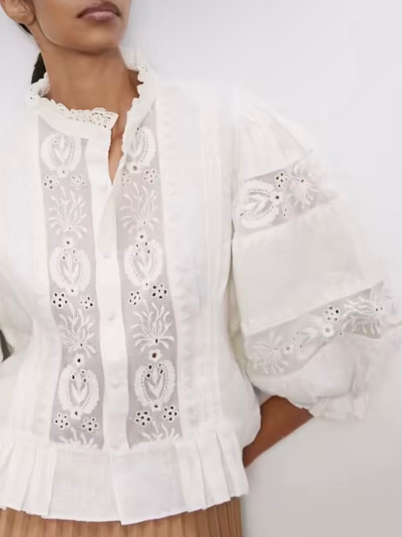 White embroidered floral bomber long sleeves shirt