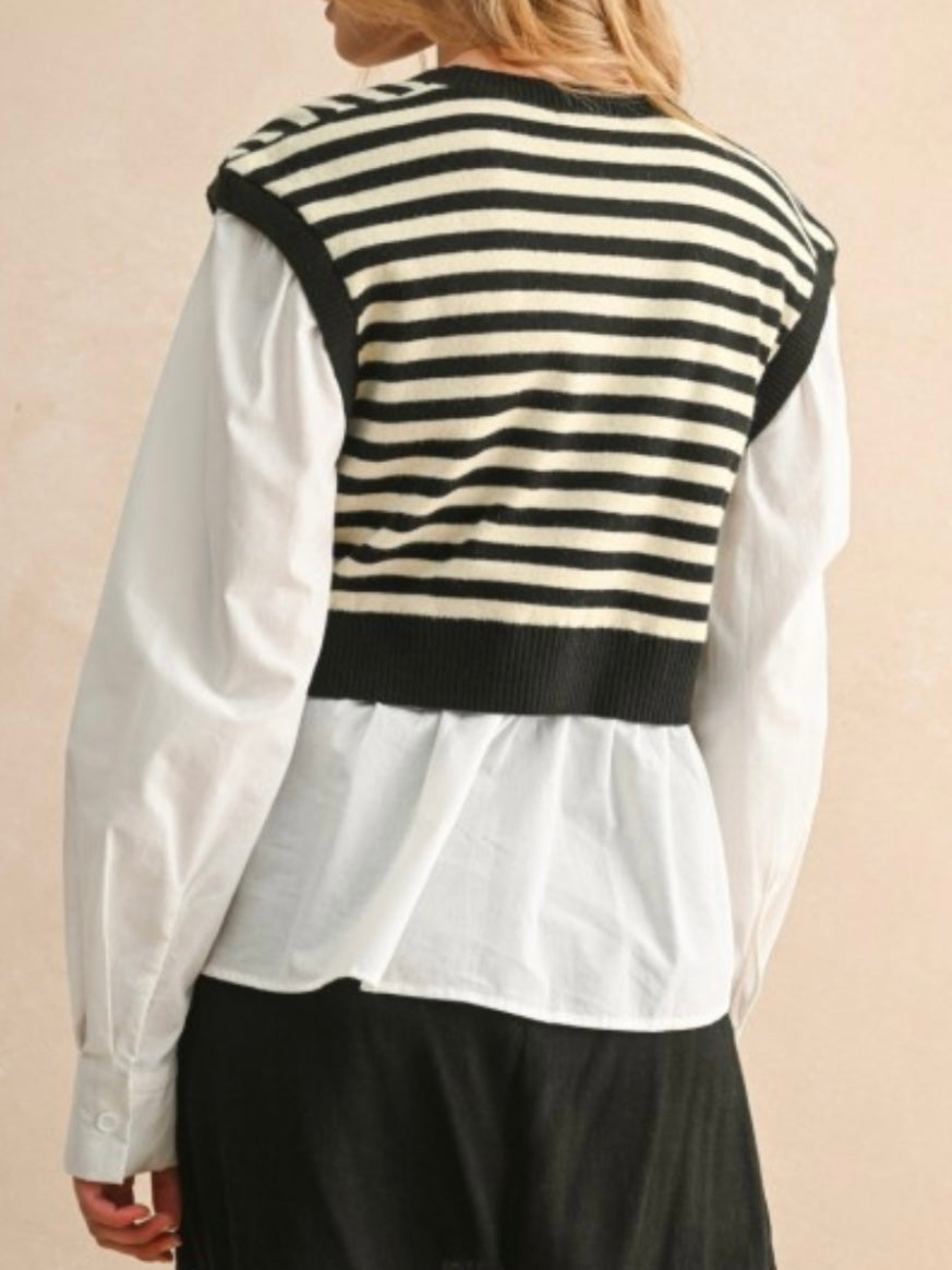 Sweater combo white shirt and black and white pattern pullover two layers embroidered texture top