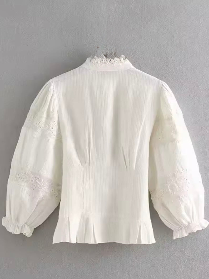 White embroidered floral bomber long sleeves shirt