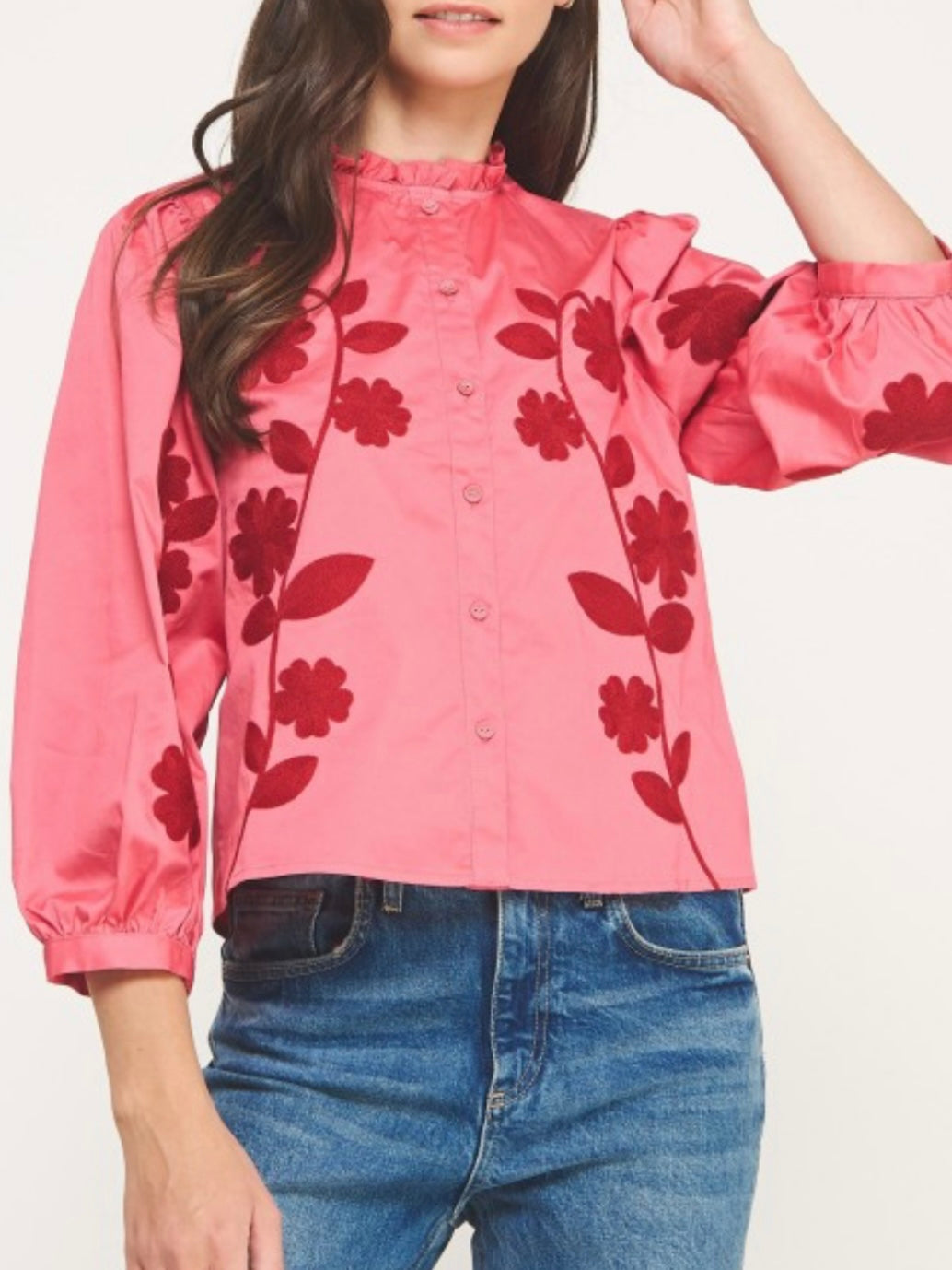 Pink ruffled floral embroidered shirt