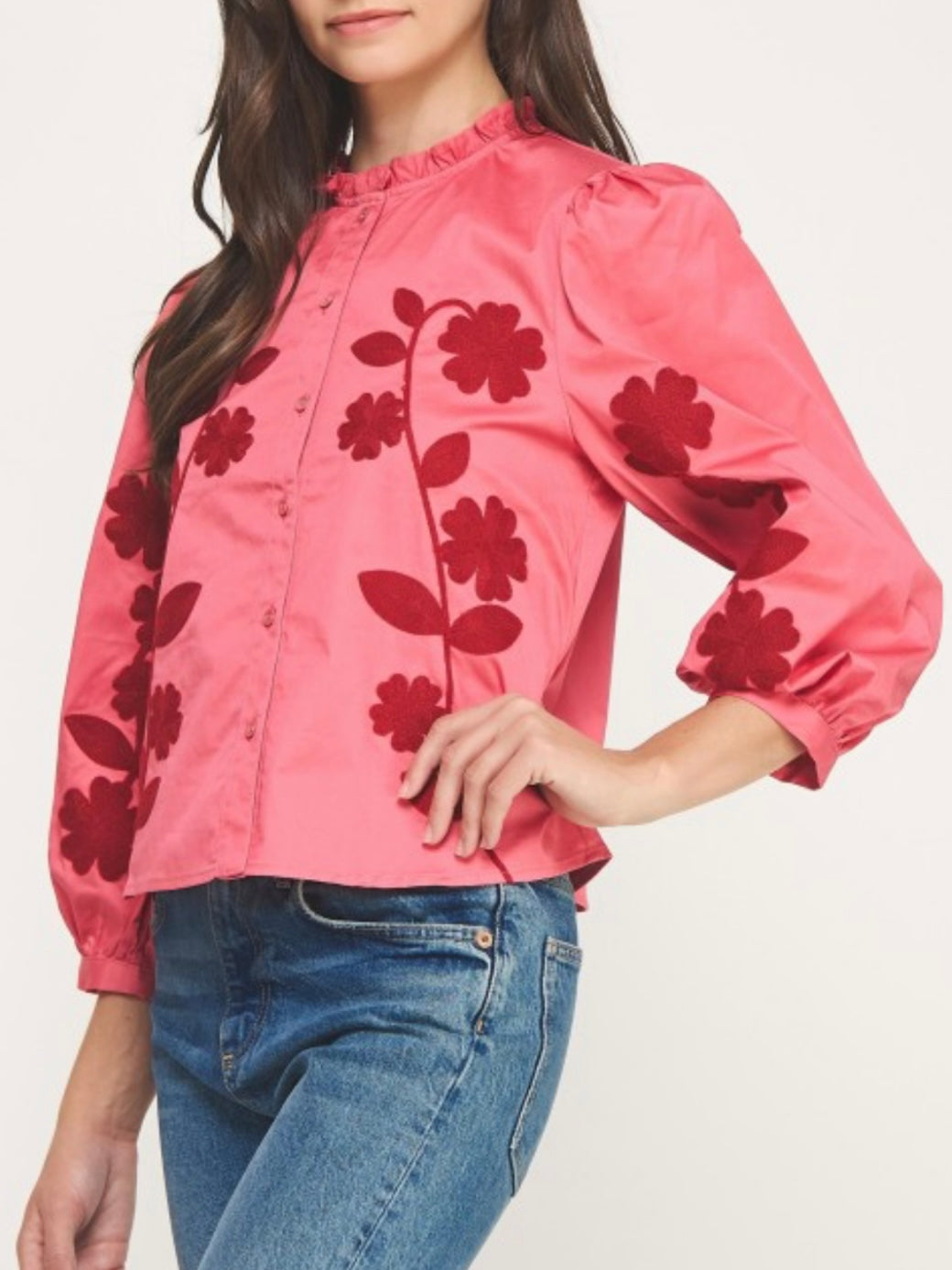 Pink ruffled floral embroidered shirt