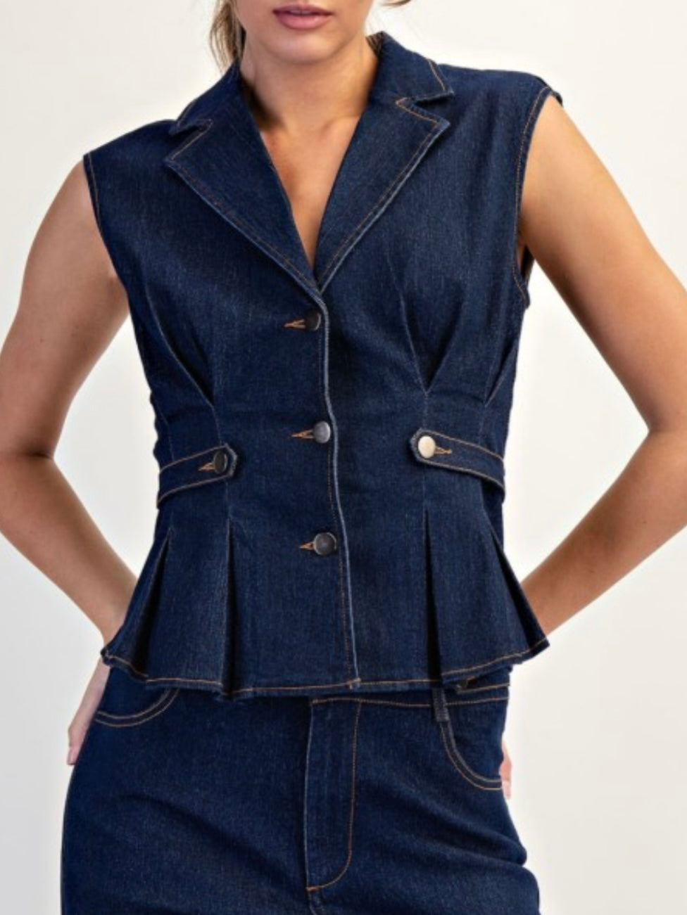 Dark blue Pleats Detail Tailored Denim Vest Top
