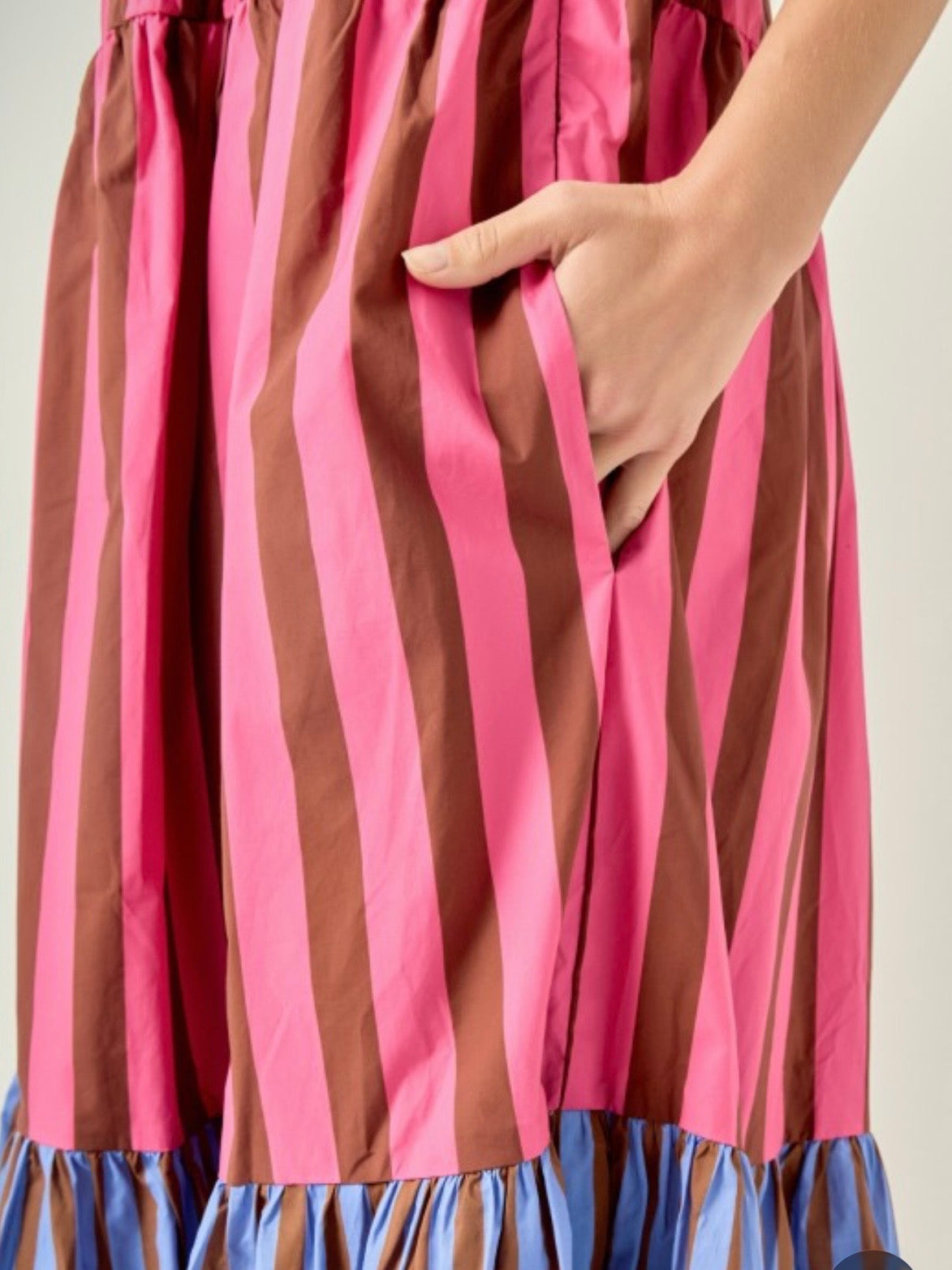 Fuchsia and light blue striped side pockets maxi dress
