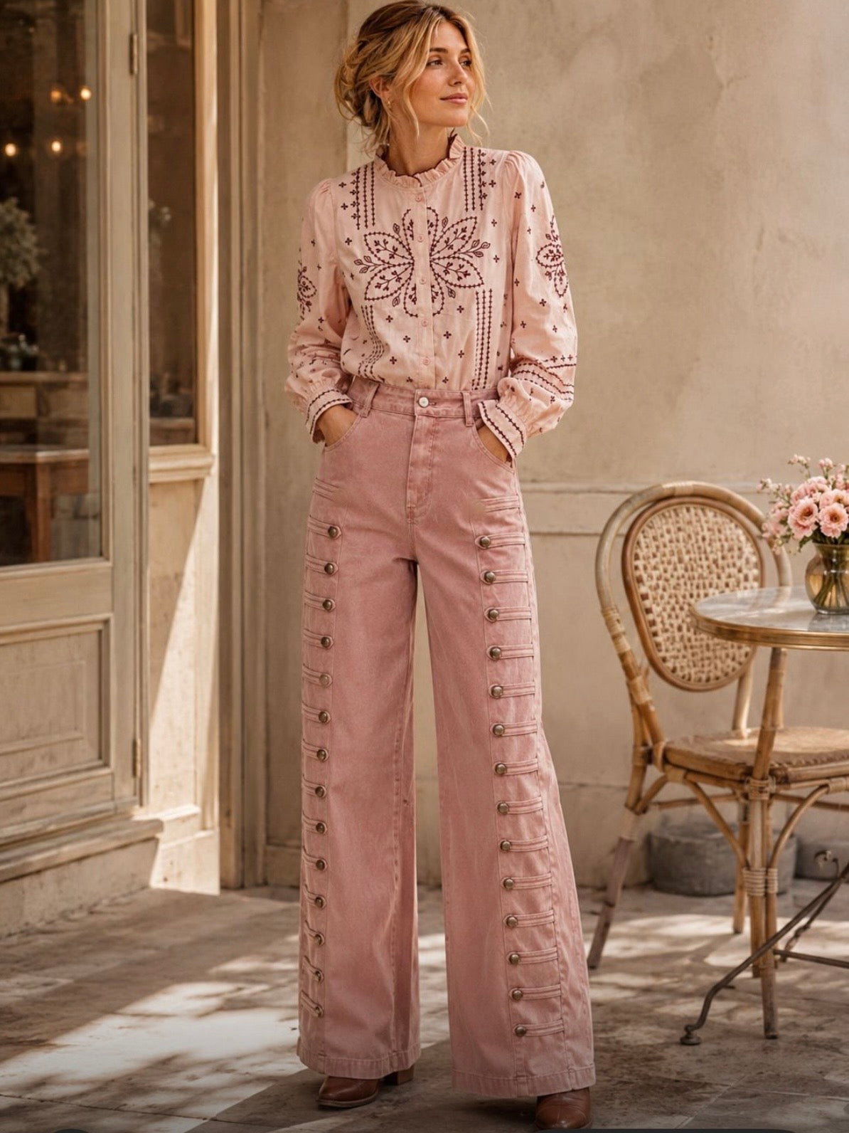 Solid colors barrel seams studded details pants