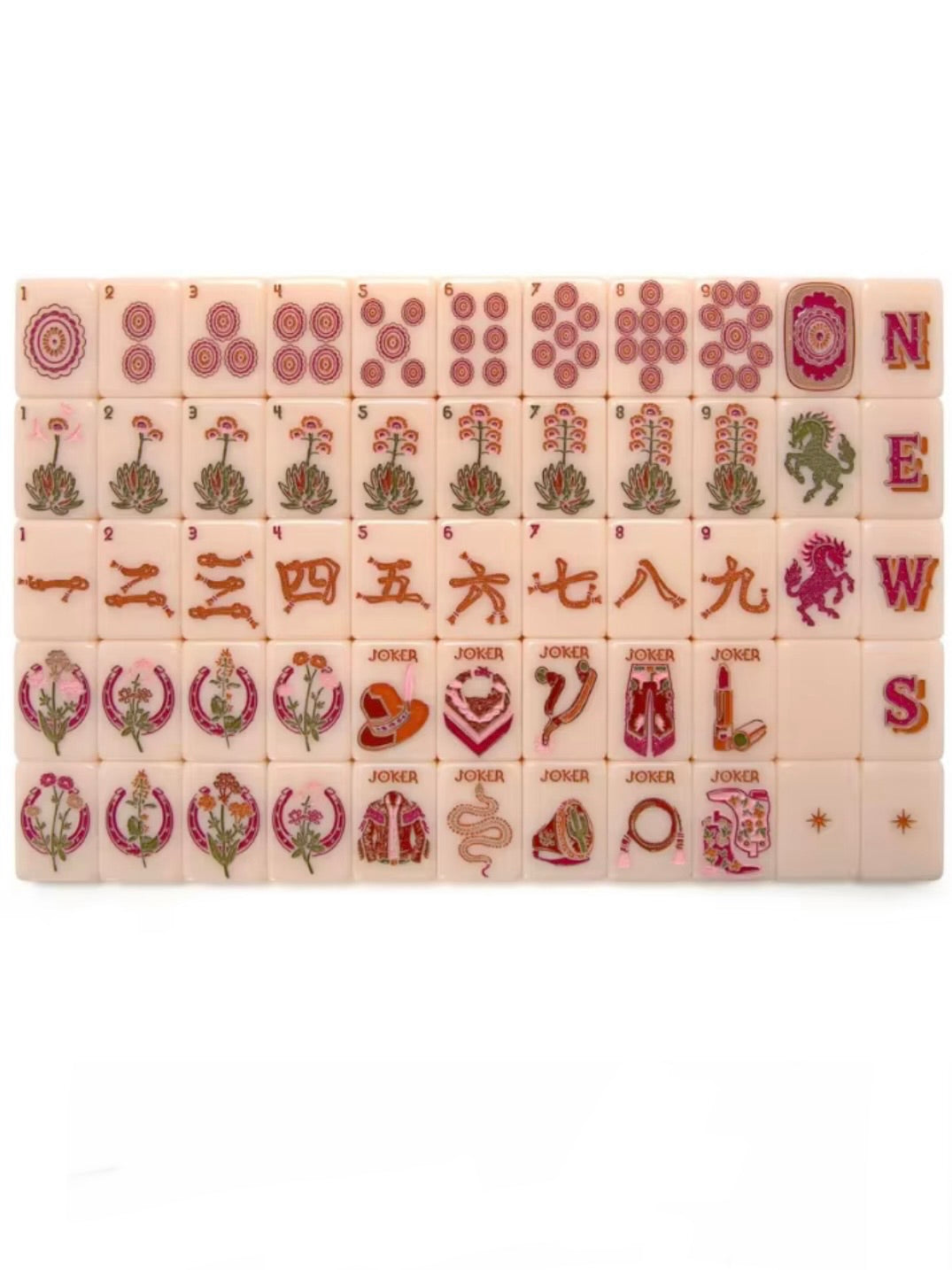 White and pink Cowgirl western, joker Mahjong tiles set and mat